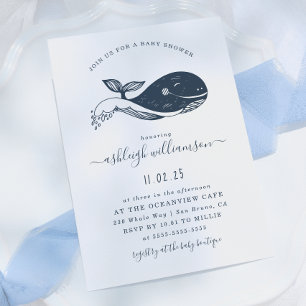 Navy Blauwe Nautische Wal Baby Borrel Uitnodiging