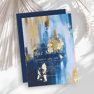 Navy Blauwe & Nep Goud Folie Bar Mitzvah Kaart