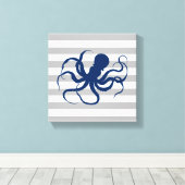 Navy Blauwe Octopus Grijze en Witte Strepen Canvas Afdruk (Insitu (Houten vloer))