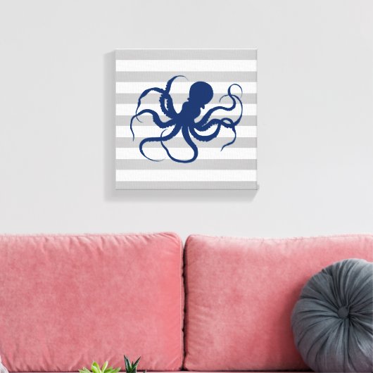 Navy Blauwe Octopus Grijze en Witte Strepen Canvas Afdruk (Insitu (Woonkamer))