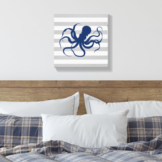 Navy Blauwe Octopus Grijze en Witte Strepen Canvas Afdruk (Insitu (Slaapkamer))