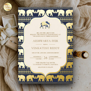 Navy Blauwe Olifant Indiase Foto Bruiloft Goud Folie Uitnodiging