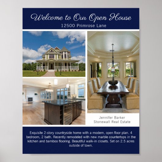 Navy Blauwe Open Huis Welkom Vastgoed Foto Poster (Voorkant)