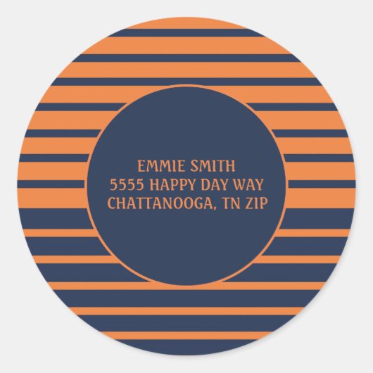 Navy Blauwe Oranje Gestreepte Retouradres Sticker (Voorkant)