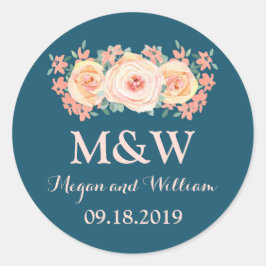 Navy Blauwe Perzik Bloemen Monogram Bruiloft Ronde Sticker