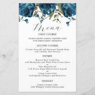 Navy Blauwe Pioen Bloem Bruiloft Diner Menu