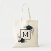 Navy Blauwe Pioen Bloemige Monogram Tote Bag (Voorkant)