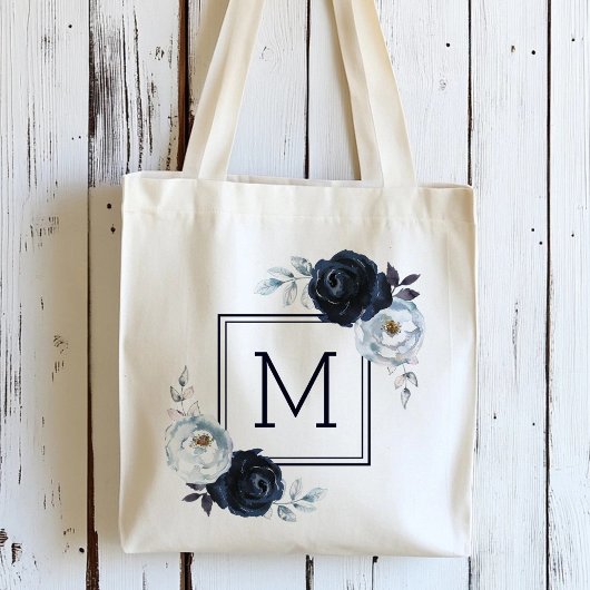 Navy Blauwe Pioen Bloemige Monogram Tote Bag