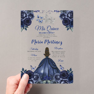 Navy Blauwe Prinsessen Bloemenkroon Zilveren Kroon Acryl Uitnodigingen