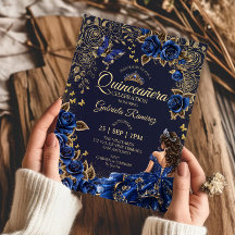 Navy Blauwe Quinceañera Gouden Tiara Rozen