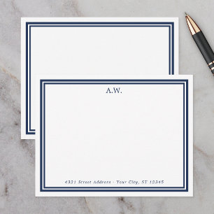 Navy Blauwe Randen Monogram Adres Notitiekaartje