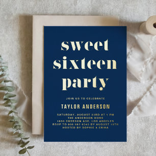Navy Blauwe Retro Vetgedrukte Typografie Sweet 16 Folie Uitnodiging