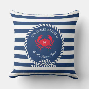 Navy Blauwe Rode Krab Nautical Stripes Boot Naam U Buitenkussen