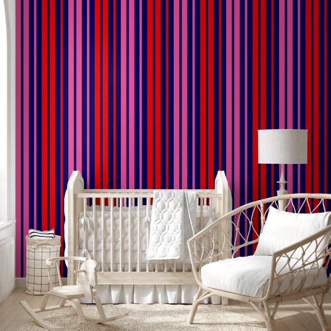 Navy Blauwe Rode Roze Verticale Strepen Design   Behang (Kinderen)