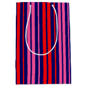 Navy Blauwe Rode Roze Verticale Strepen Design Medium Cadeauzakje (Voorkant)