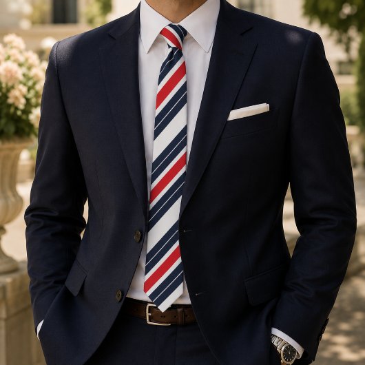 Navy Blauwe Rode Witte Candy Stripe Stropdas