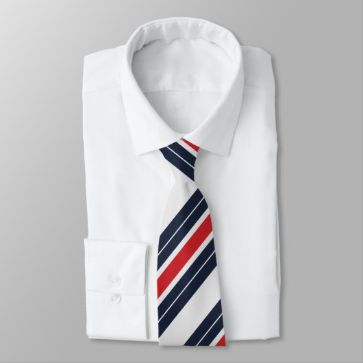 Navy Blauwe Rode Witte Candy Stripe Stropdas (Gebonden)
