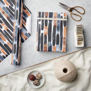 Navy Blauwe Roest Oranje Strepen Verjaardag Cadeaupapier