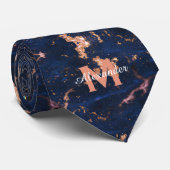 Navy Blauwe Rose Gouden Folie Marmer Monogram Stropdas (Opgerold)