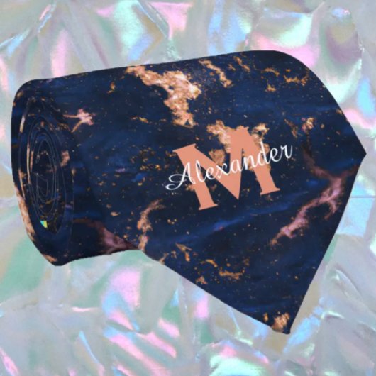 Navy Blauwe Rose Gouden Folie Marmer Monogram Stropdas