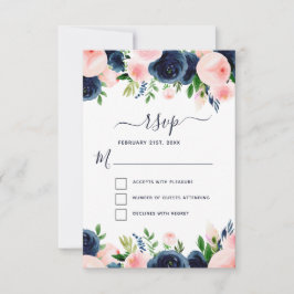 Navy Blauwe Roze Bloemige Watercolor RSVP Kaart