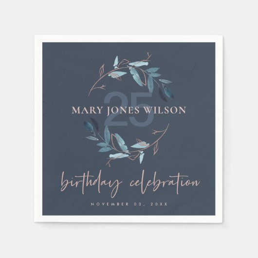 NAVY BLAUWE ROZE FAUNA KRANS ELKE LEEFTIJD 25E VER SERVET (Voorkant)