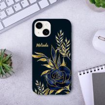 Navy Blauwe Roze Gouden Bladeren Monogram