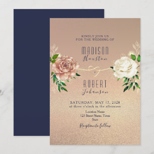 Navy Blauwe Roze Gouden Bloemen Uitnodiging