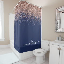 Navy Blauwe Roze Gouden Blush Roze Glitter Monogra Douchegordijn