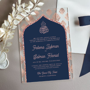 Navy Blauwe Roze Gouden Damast Boog Moslim Bruilof Acryl Uitnodigingen