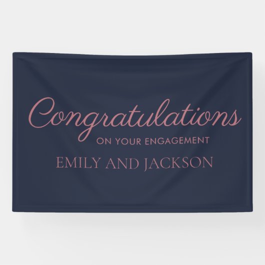 Navy Blauwe Roze Gouden Elegante Script Verlovings Spandoek (Horizontaal)