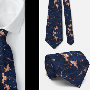 Navy Blauwe Roze Gouden Folie Marmer Heren Das