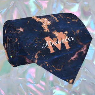 Navy Blauwe Roze Gouden Folie Marmer Monogram Stropdas