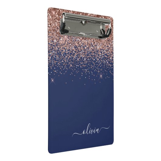 Navy Blauwe Roze Gouden Glans Monogram Mini Klembord (Schuin)