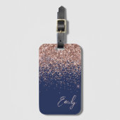 Navy Blauwe Roze Gouden Glans Roze Glitter Monogra Bagagelabel (Voorkant (verticaal))