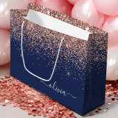 Navy Blauwe Roze Gouden Glans Roze Glitter Monogra Groot Cadeauzakje