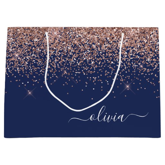 Navy Blauwe Roze Gouden Glans Roze Glitter Monogra Groot Cadeauzakje (Voorkant)
