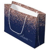 Navy Blauwe Roze Gouden Glans Roze Glitter Monogra Groot Cadeauzakje (Voorkant Gekanteld)