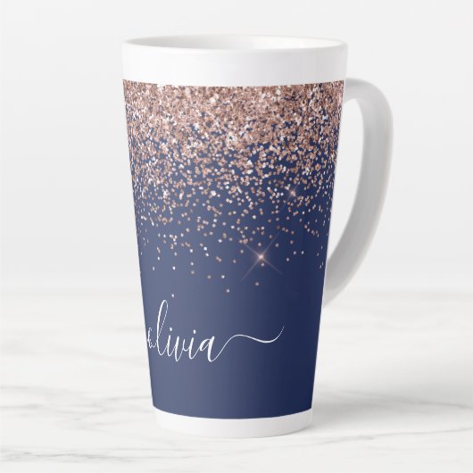 Navy Blauwe Roze Gouden Glans Roze Glitter Monogra Latte Mok (Rechterhoek)