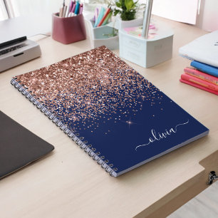 Navy Blauwe Roze Gouden Glans Roze Glitter Monogra Notitieboek