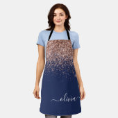 Navy Blauwe Roze Gouden Glans Roze Glitter Monogra Schort (Gedragen)