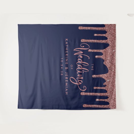 Navy Blauwe Roze Gouden Glitter Bruiloft Welkom Wandkleed (Voorkant (horizontaal))