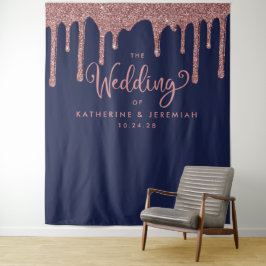 Navy Blauwe Roze Gouden Glitter Bruiloft Welkom Wandkleed