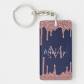 Navy Blauwe Roze Gouden Glitter Druppels Monogram  Sleutelhanger (Voorkant)