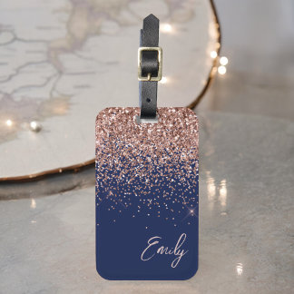 Navy Blauwe Roze Gouden Glitter Monogram Bagagelabel