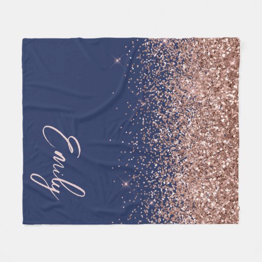 Navy Blauwe Roze Gouden Glitter Monogram Fleece Deken (Voorkant (Horizontaal))