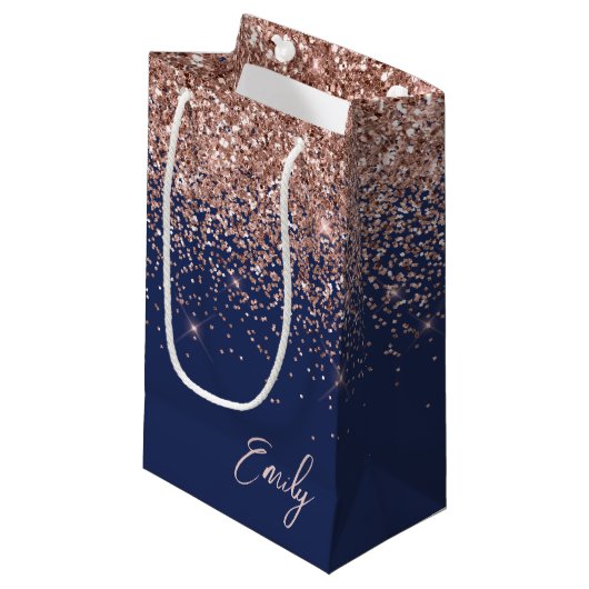 Navy Blauwe Roze Gouden Glitter Monogram Klein Cadeauzakje (Voorkant Gekanteld)