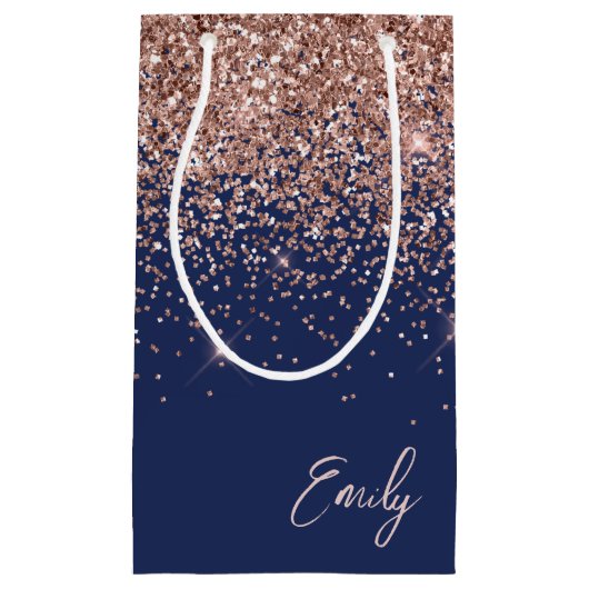 Navy Blauwe Roze Gouden Glitter Monogram Klein Cadeauzakje (Voorkant)