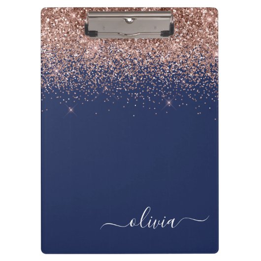 Navy Blauwe Roze Gouden Glitter Monogram Klembord (Voorkant)