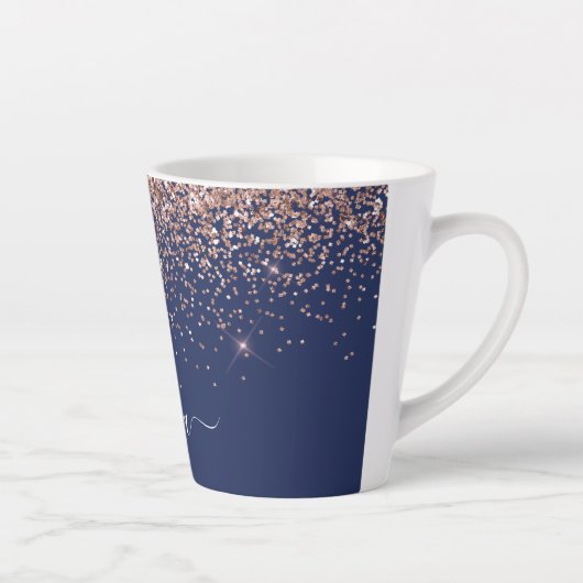 Navy Blauwe Roze Gouden Glitter Monogram Latte Mok (Rechts)
